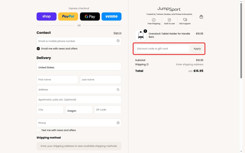 JumpSport checkout page showing the Discount code or gift card field and Apply button