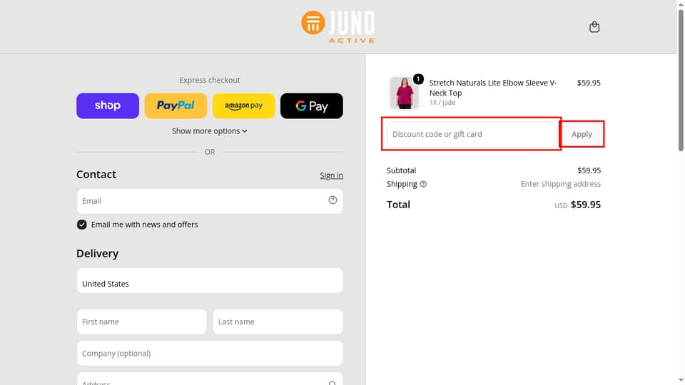 JunoActive checkout page showing the Discount code or gift card field and Apply button
