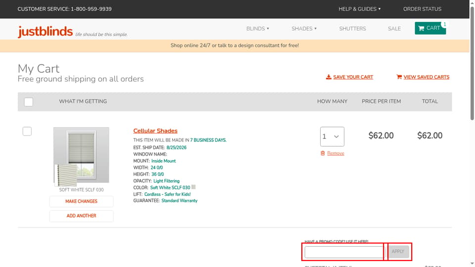 JustBlinds checkout page showing the Have a Promo Code? Use it here! field and Apply button