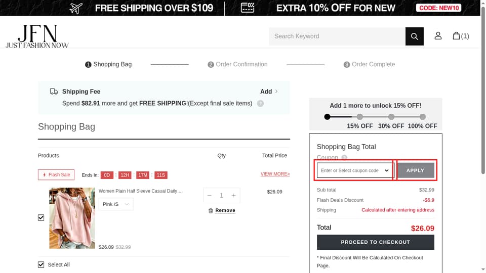 JustFashionNow checkout page showing the Enter or Select coupon code field and APPLY button