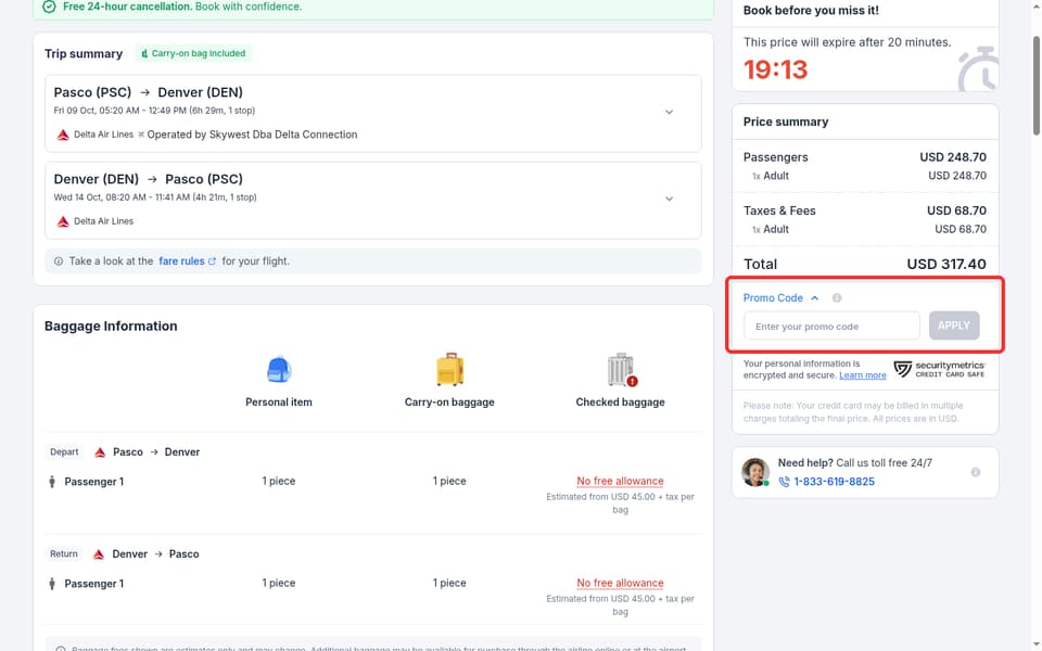 JustFly checkout page showing the Enter your promo code field and APPLY button