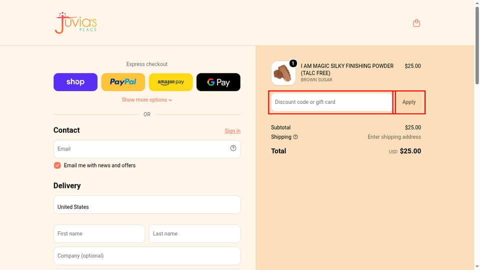 Juvia’s Place checkout page showing the Discount code or gift card field and Apply button