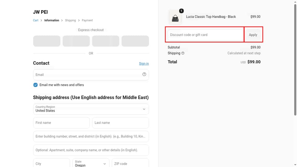 JW PEI checkout page showing the Discount code or gift card field and Apply button