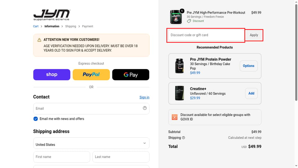 JYM Supplement Science checkout page showing the Discount code or gift card field and Apply button