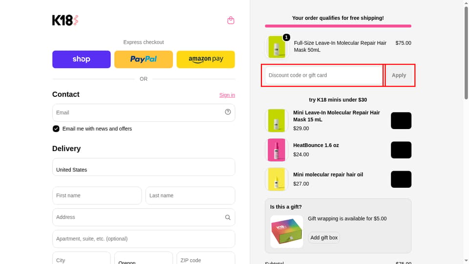 K18 Hair checkout page showing the Discount code or gift card field and Apply button