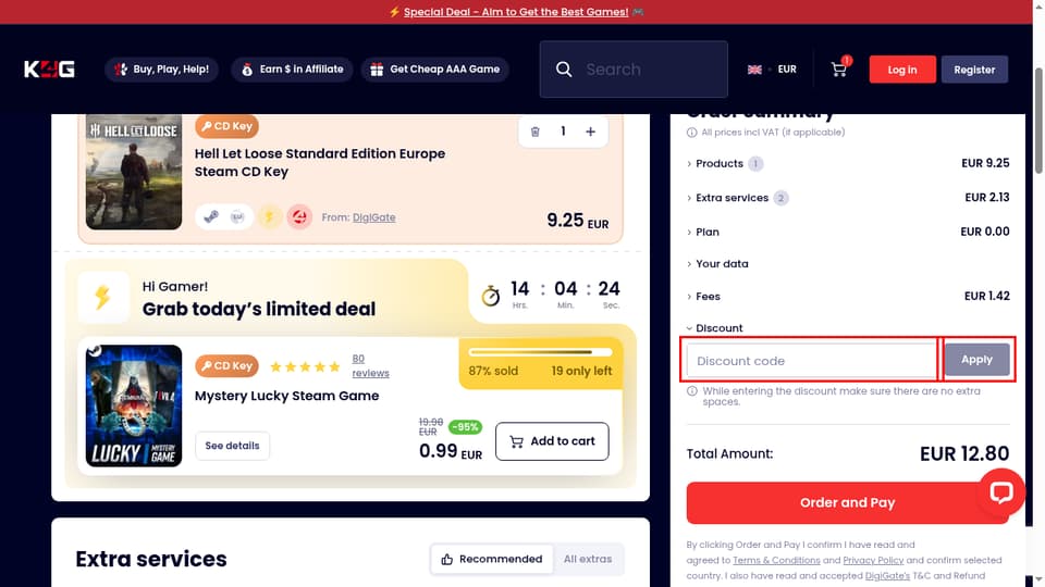 K4G.com checkout page showing the Discount code field and Apply button