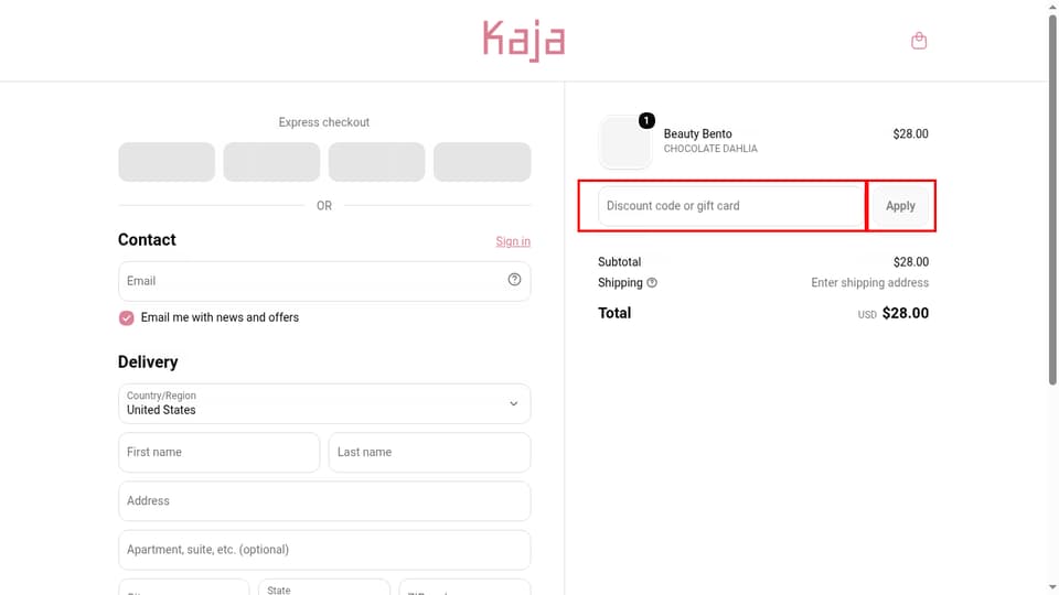 Kaja Beauty checkout page showing the Discount code or gift card field and Apply button