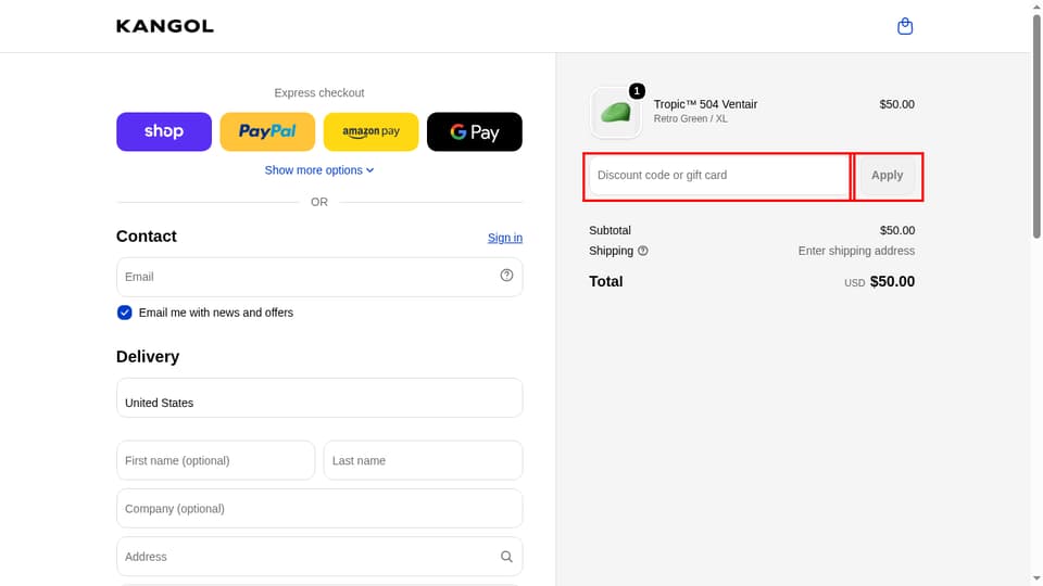 Kangol checkout page showing the Discount code or gift card field and Apply button