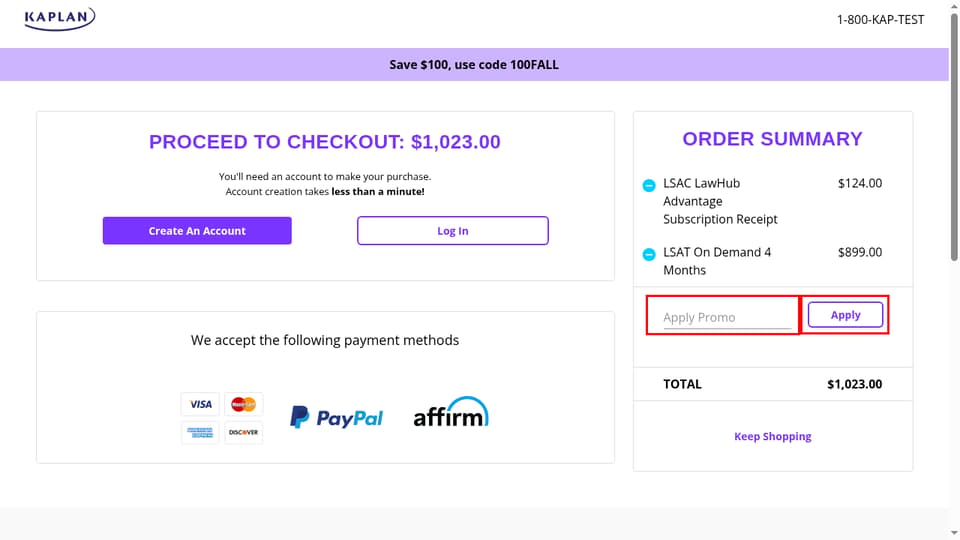 Kaplan Test Prep checkout page showing the Apply Promo field and Apply button