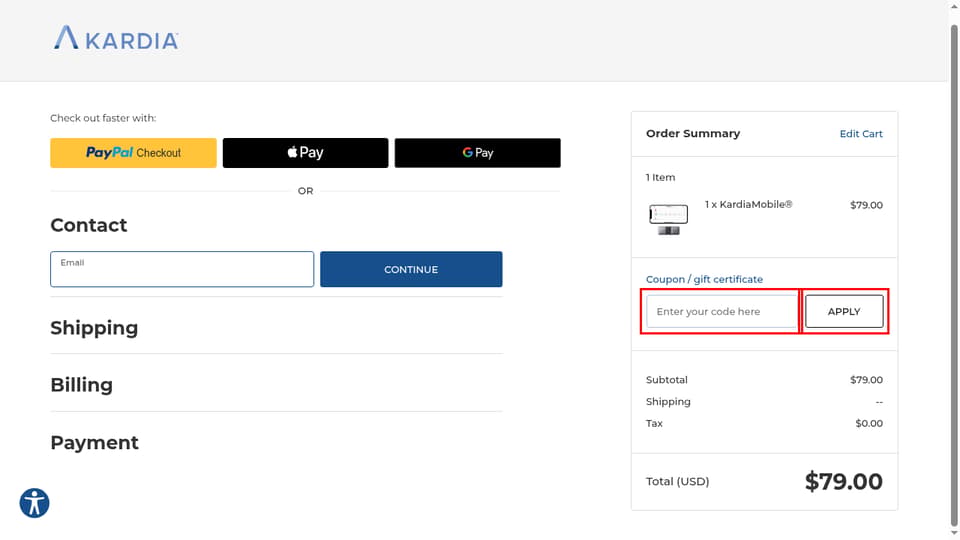 Kardia checkout page showing the Enter your code here field and APPLY button