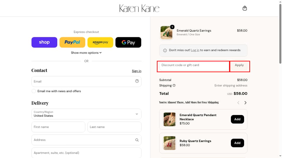 Karen Kane checkout page showing the Discount code or gift card field and Apply button