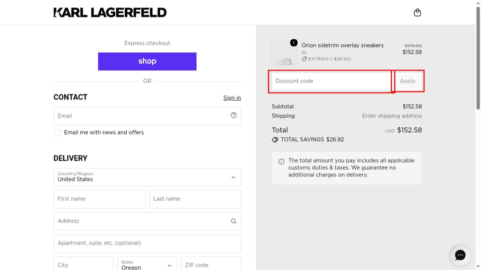 KARL LAGERFELD checkout page showing the Discount code field and Apply button