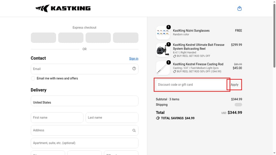 KastKing checkout page showing the Discount code or gift card field and Apply button