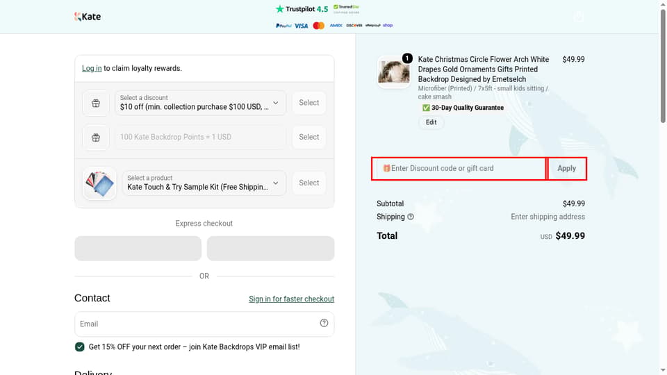 Kate Backdrop checkout page showing the 🎁Enter Discount code or gift card field and Apply button