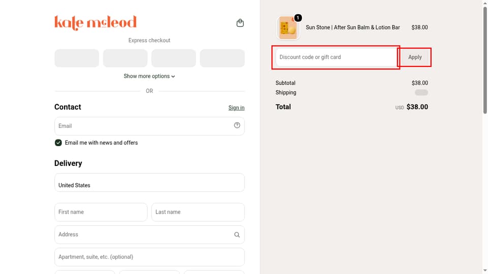 Kate McLeod checkout page showing the Discount code or gift card field and Apply button