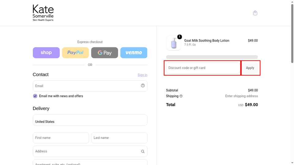 Kate Somerville checkout page showing the Discount code or gift card field and Apply button
