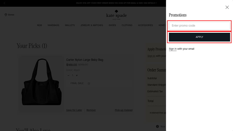 Kate Spade checkout page showing the Enter promo code field and APPLY button