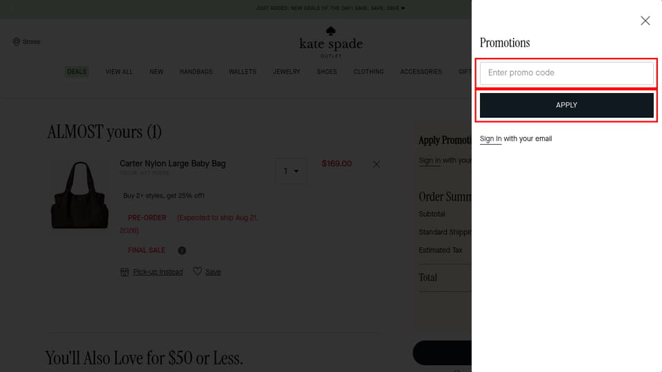 Kate Spade Outlet checkout page showing the Enter promo code field and APPLY button
