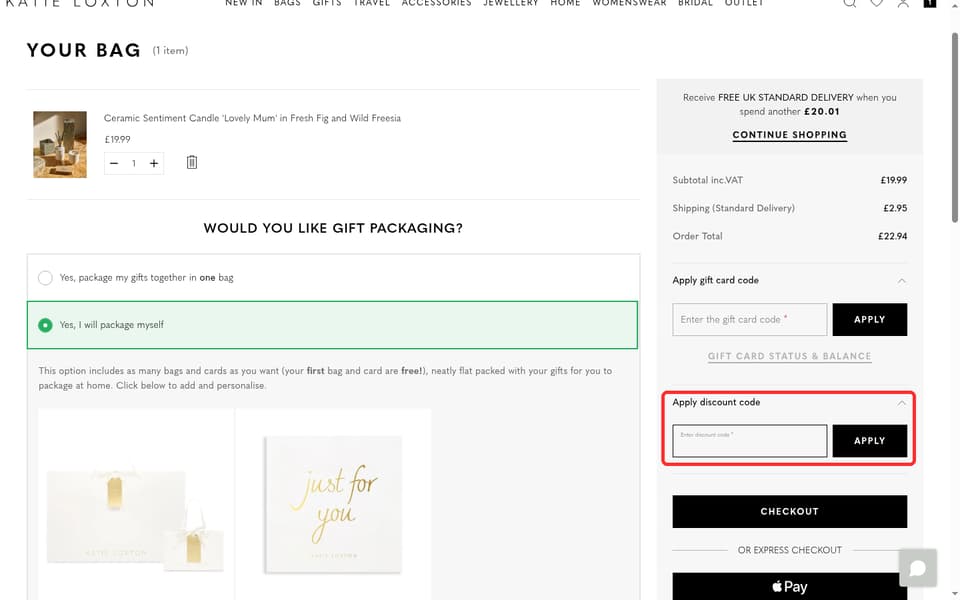 Katie Loxton checkout page showing the Enter discount code field and Apply button