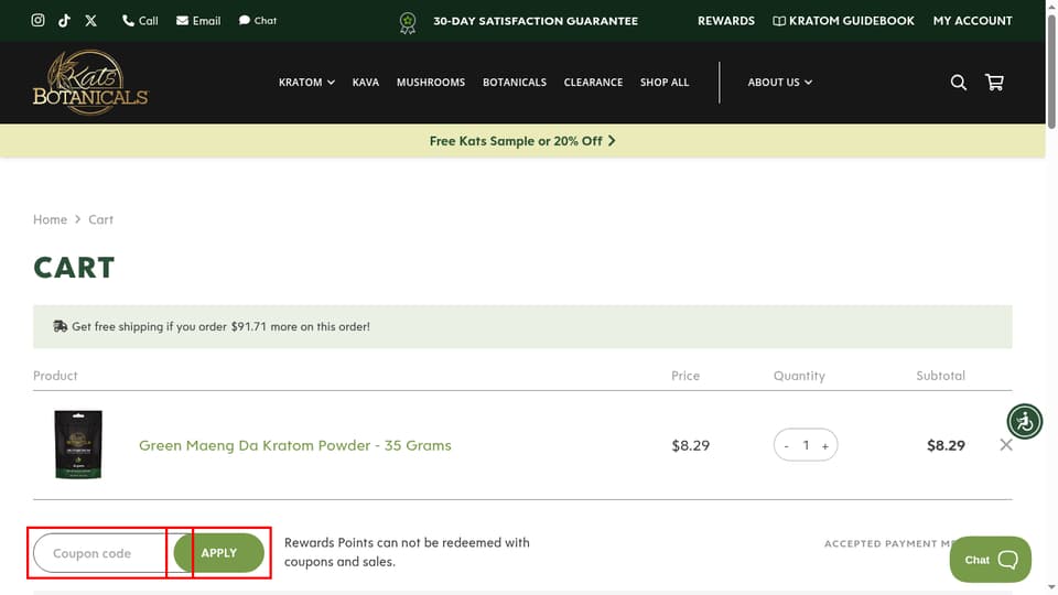 Kats Botanicals checkout page showing the Coupon code field and Apply button
