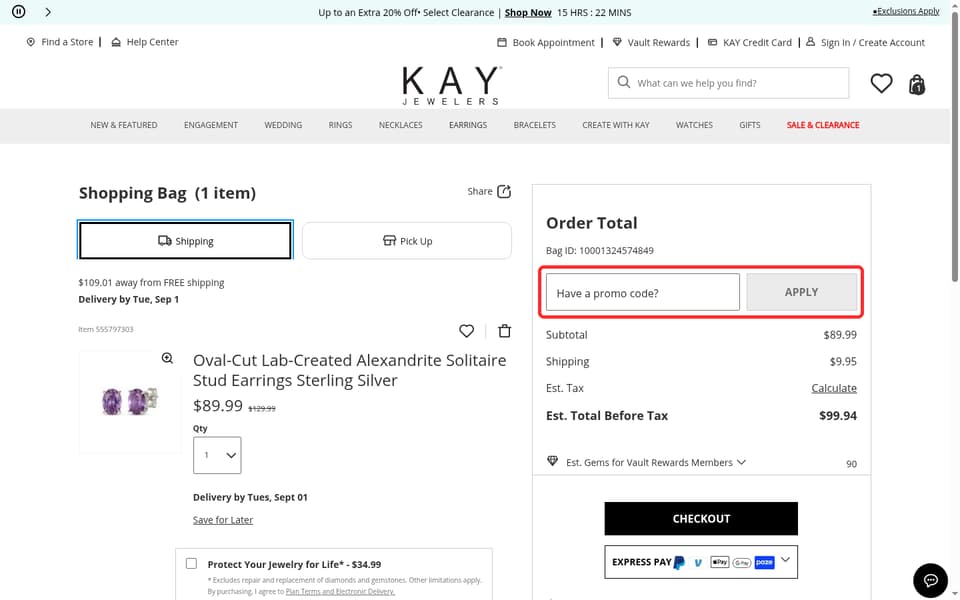 Kay Jewelers checkout page showing the Have a promo code? field and APPLY button