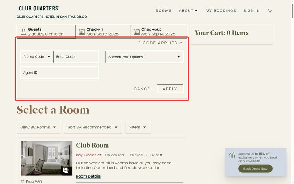 KAYAK checkout page showing the Enter Code field and Apply button