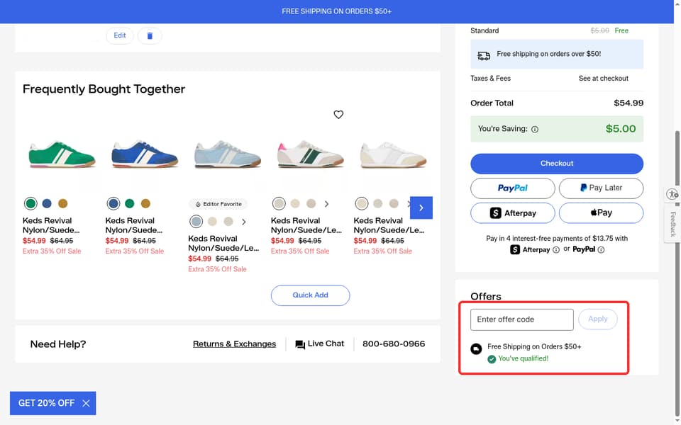 Keds checkout page showing the Enter offer code field and Apply button