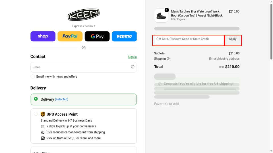 KEEN checkout page showing the Gift Card, Discount Code or Store Credit field and Apply button