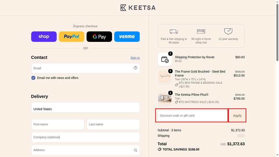 Keetsa checkout page showing the Discount code or gift card field and Apply button