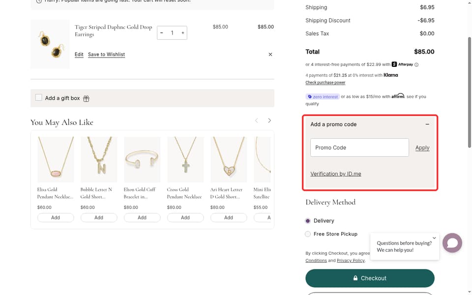 Kendra Scott checkout page showing the Enter Promo Code field and Apply button