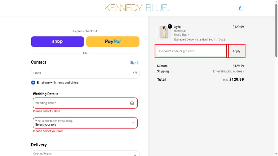 Kennedy Blue checkout page showing the Discount code or gift card field and Apply button