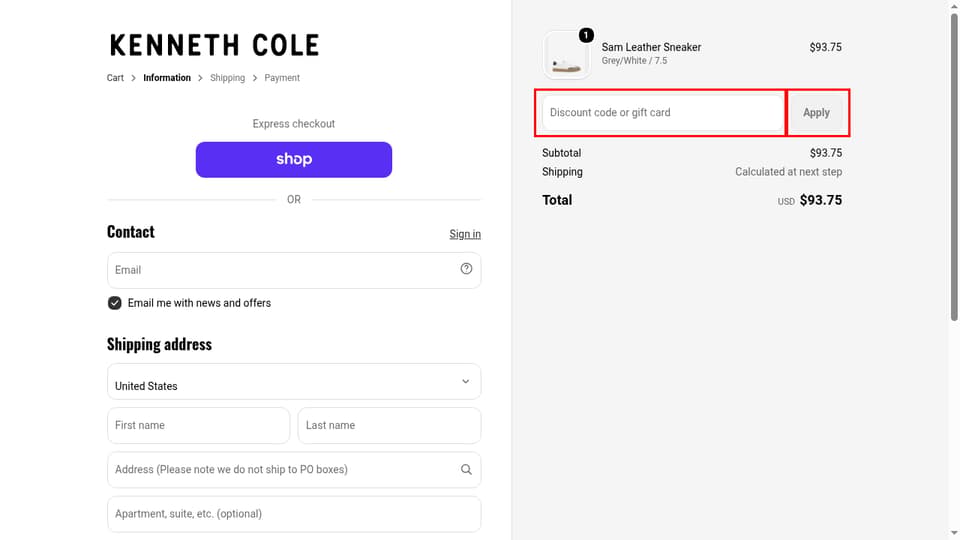 Kenneth Cole checkout page showing the Discount code or gift card field and Apply button