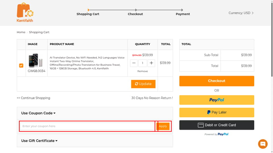K&F Concept checkout page showing the Enter your coupon here field and Apply button