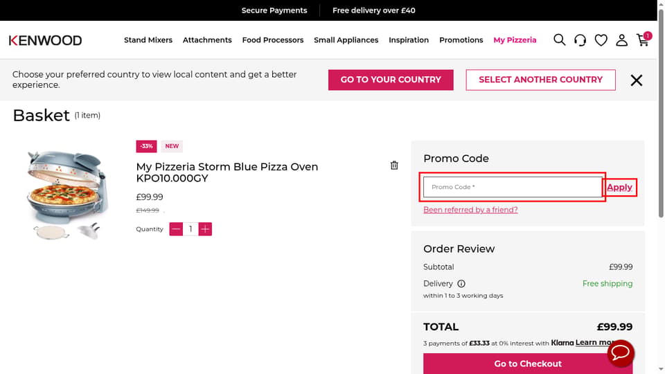 Kenwood checkout page showing the Promo Code * field and Apply button