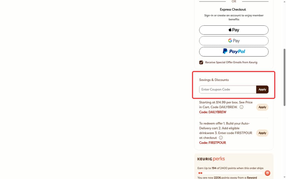 Keurig checkout page showing the Enter Coupon Code field and Apply button