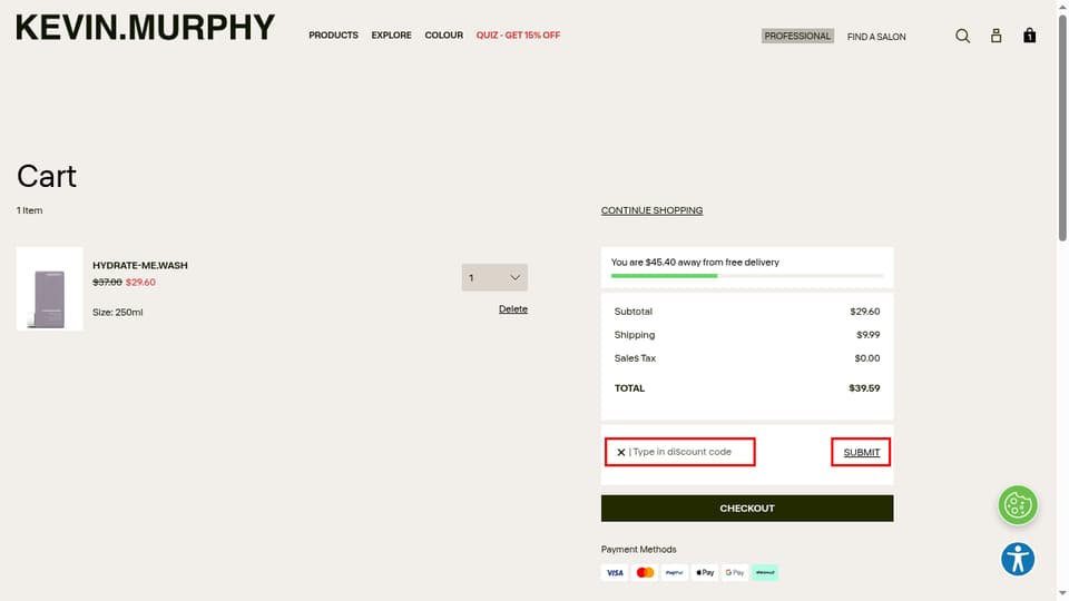 KEVIN.MURPHY checkout page showing the Type in discount code field and Submit button
