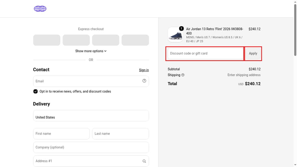 KICKS CREW checkout page showing the Discount code or gift card field and Apply button