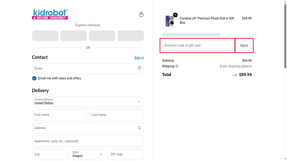 Kidrobot checkout page showing the Discount code or gift card field and Apply button