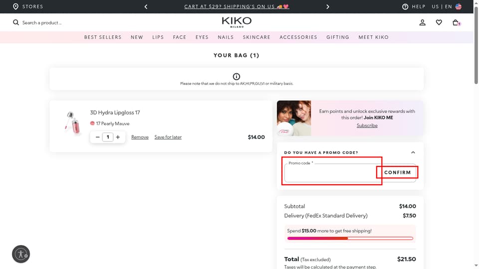 KIKO MILANO checkout page showing the Promo code field and Confirm button