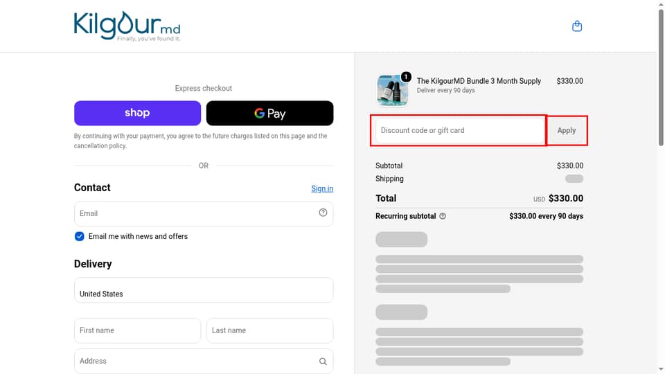KilgourMD checkout page showing the Discount code or gift card field and Apply button