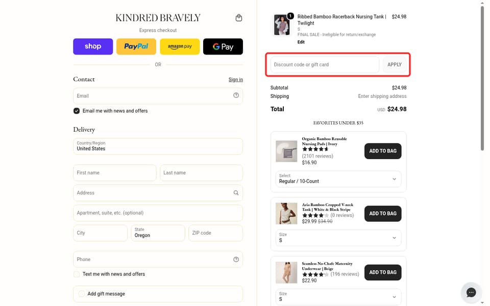 Kindred Bravely checkout page showing the Discount code or gift card field and Apply button