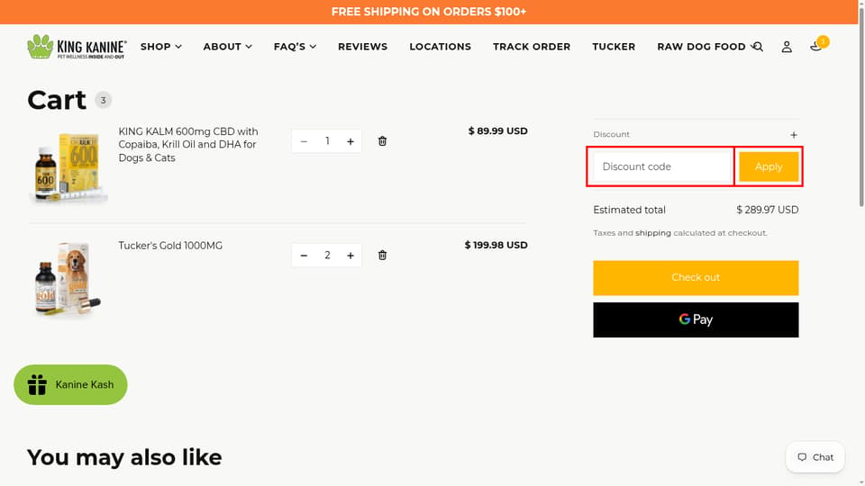 King Kanine checkout page showing the Discount code field and Apply button