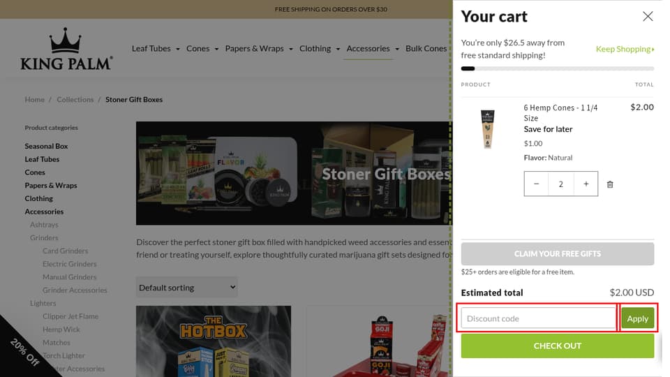 King Palm checkout page showing the Discount code field and Apply button