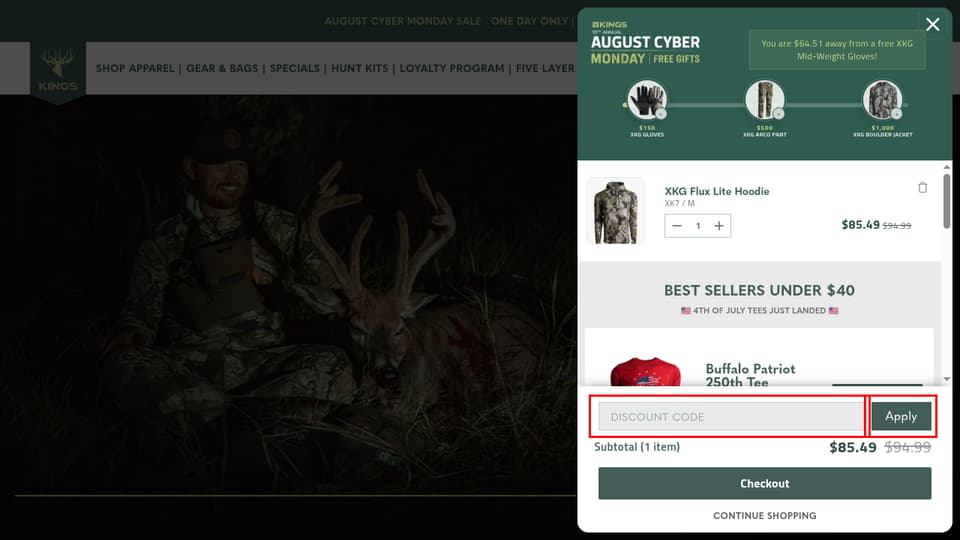 King's Camo checkout page showing the Discount Code field and Apply button