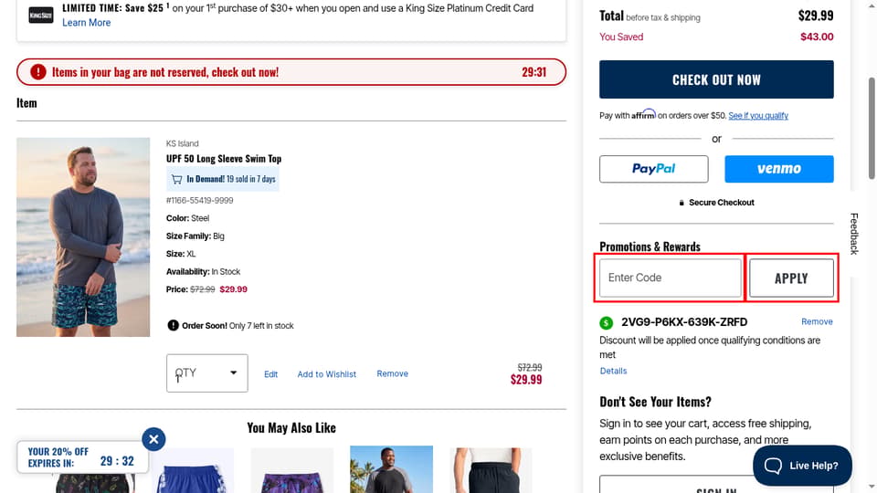 KingSize checkout page showing the Enter Code field and Apply button