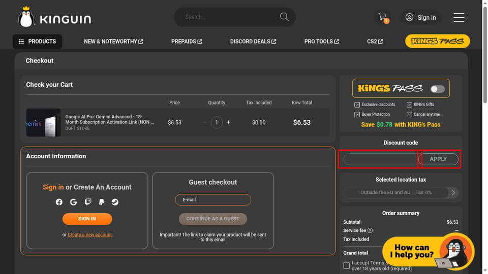 Kinguin checkout page showing the Discount code field and APPLY button