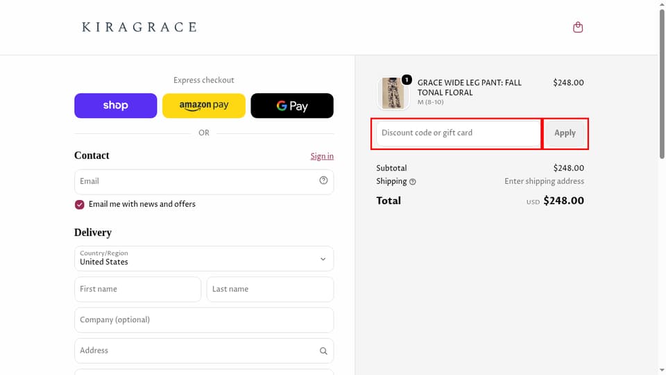 KiraGrace checkout page showing the Discount code or gift card field and Apply button