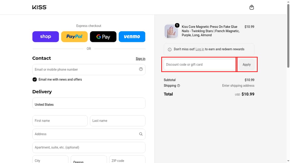 KISS Eyelash checkout page showing the Discount code or gift card field and Apply button
