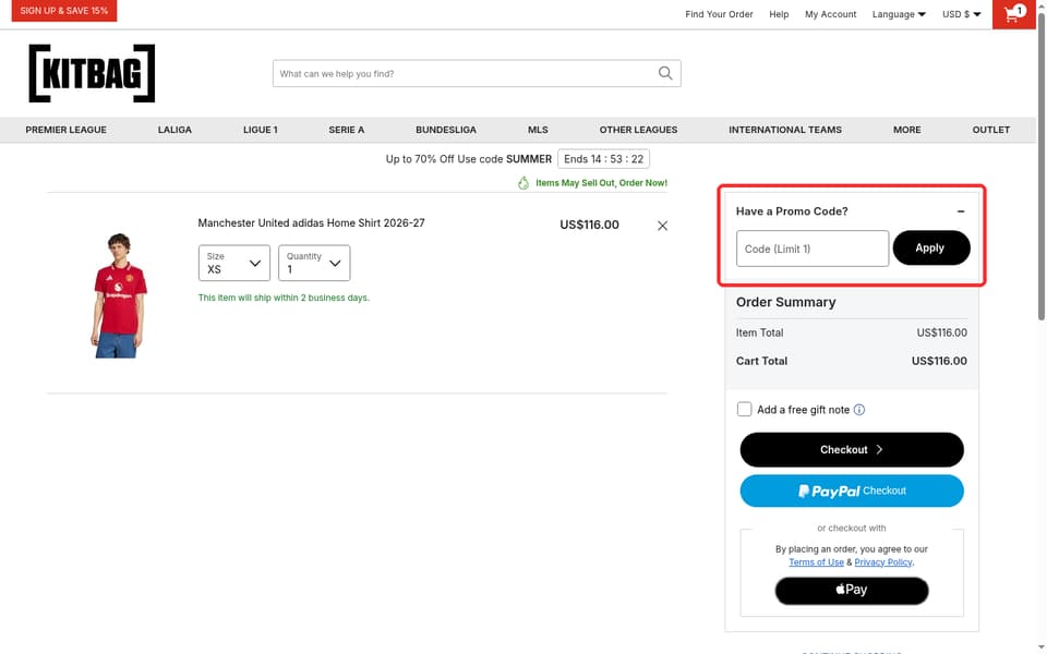 Kitbag checkout page showing the Code (Limit 1) field and Apply button