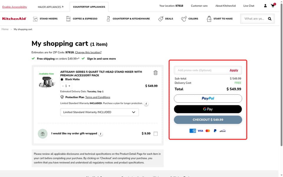 KitchenAid checkout page showing the Add promo code (Optional) field and Apply button